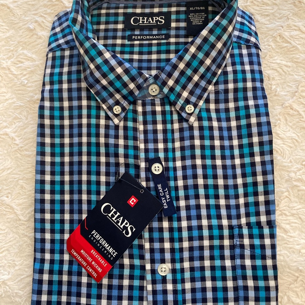 NWT Chaps Men's Blue Plaid Performance Shirt Sz XL